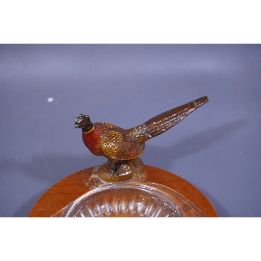 Vintage Mid-Century Ring-Necked Pheasant Wood & Glass Ashtray - Tobacciana